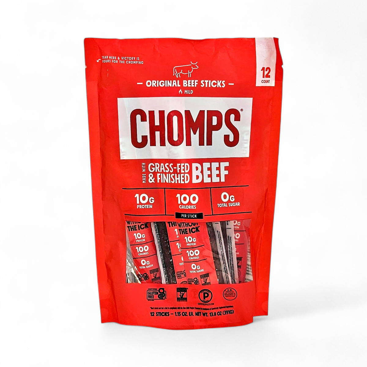 Chomps Original Beef Sticks Grass-Fed and Finished Beef 10G Protein 12-Pack