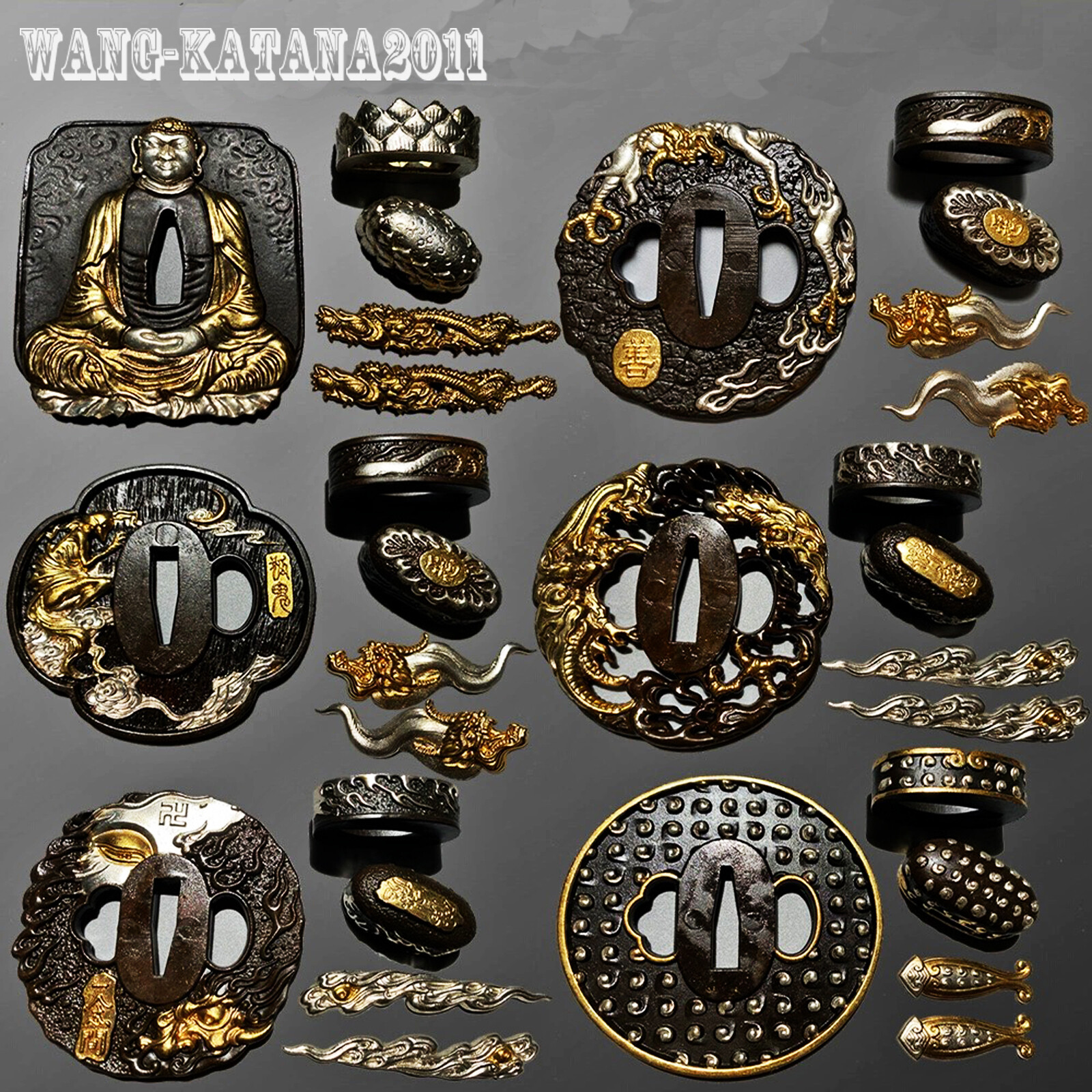 Top End Brass Tsuba+Fuchi+Kashira+Menuki Set for Japanese Katana Wakizashi Tanto