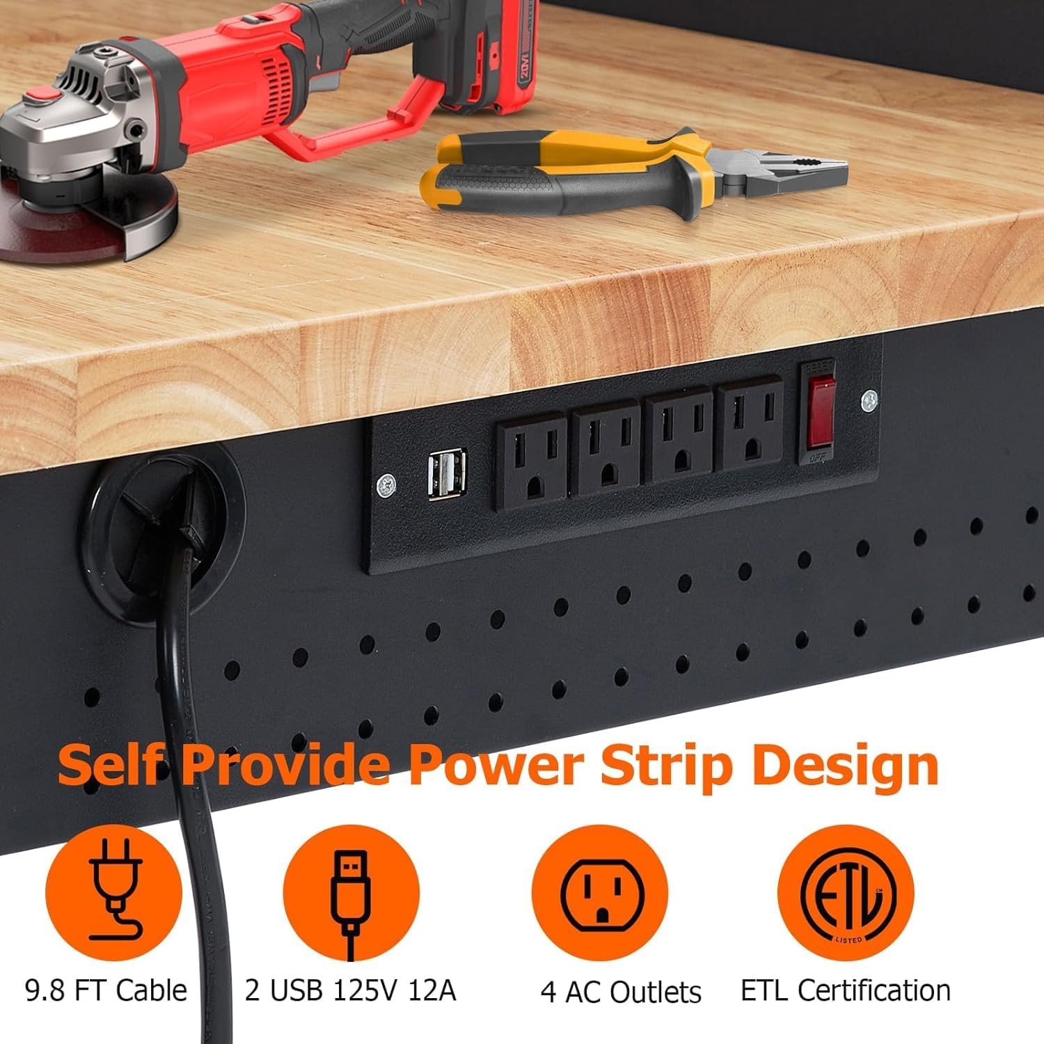 Workbench Adjustable Height 48" x 24" Worktable Heavy Duty Rubber Wood Top