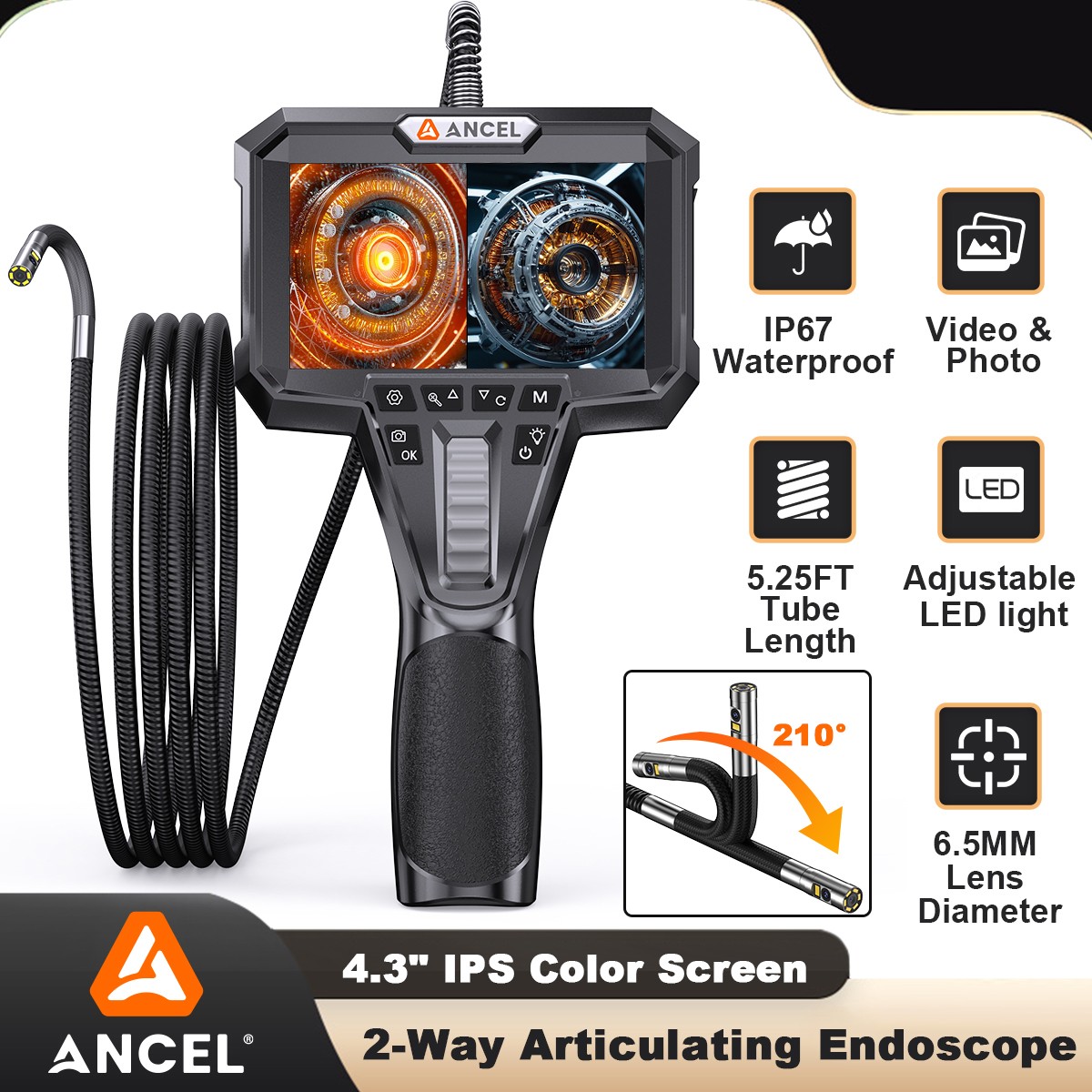Dual Lens 7 LED Light Endoscope Two-Way Articulating Borescope Inspection Camera