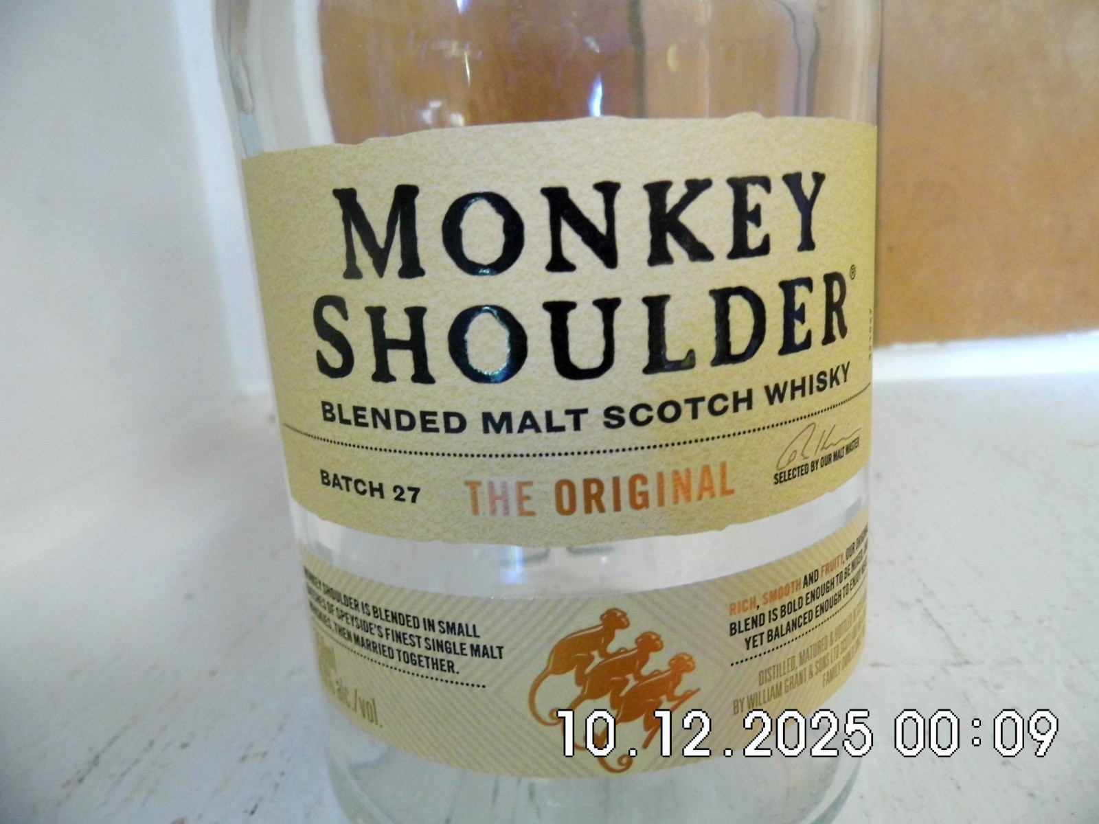 Monkey Shoulder Blended Malt Scotch Whiskey Bottle Empty 750 ML Scotland