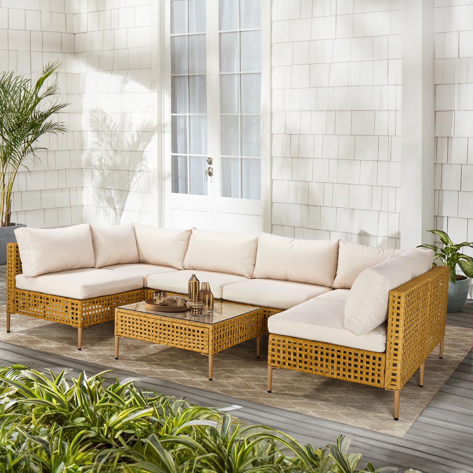 7 PCS In/Outdoor Patio Wicker Sectional Yellow Rattan Beige Cushion Chair Sofa