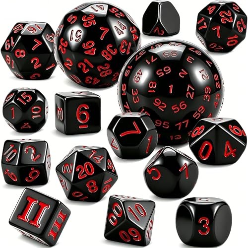 DND Polyhedral Dice Set (15pcs) D4-D100 Game Dice with Dice Bag Black & Red