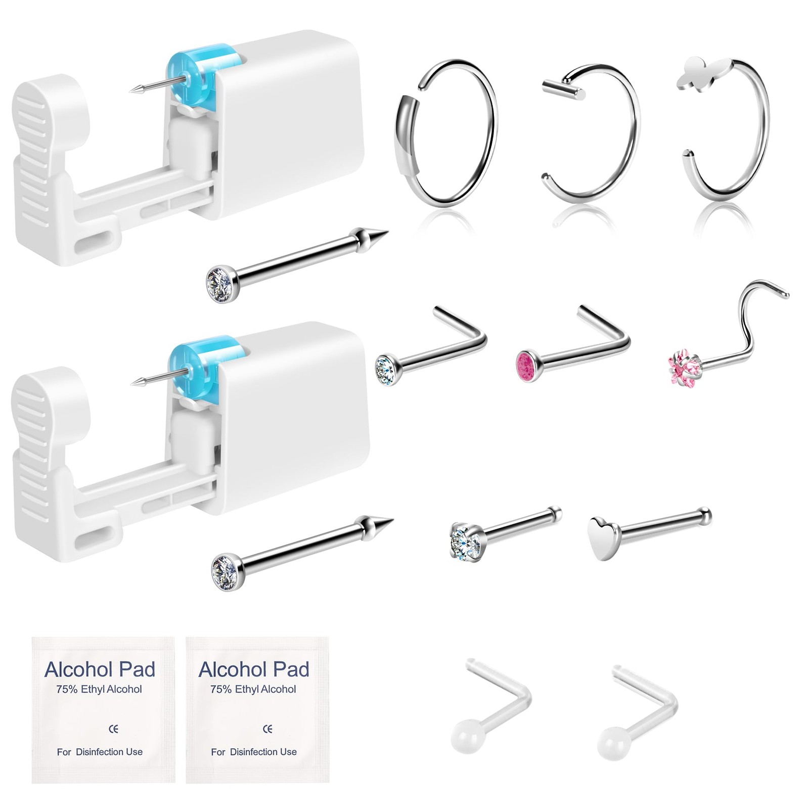 Makalong 2-Pack Disposable Nose Piercing Kit, Gun, 1, Silver