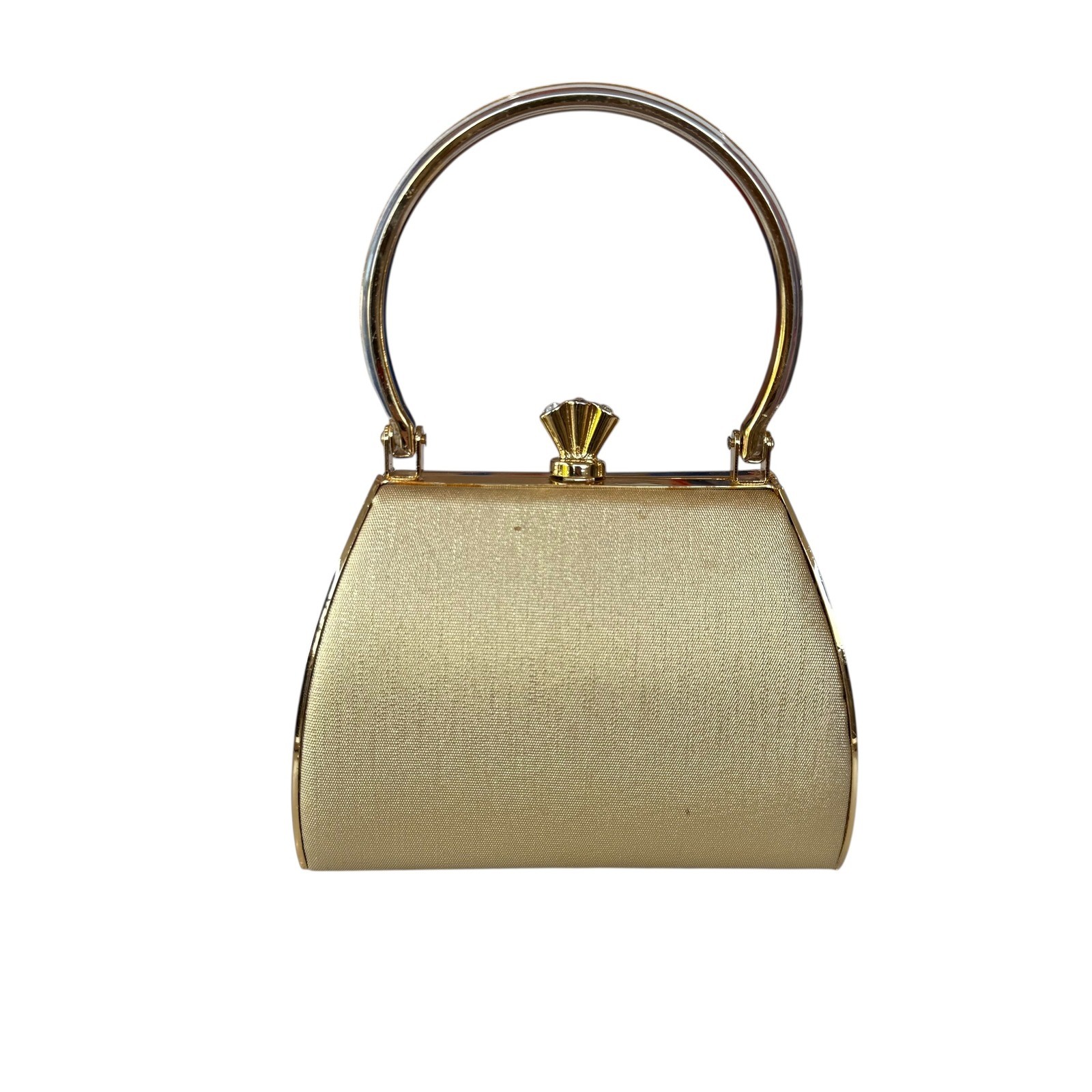Gold Evening Clutch Handbag with Rhinestone Kiss Lock and Chain Strap