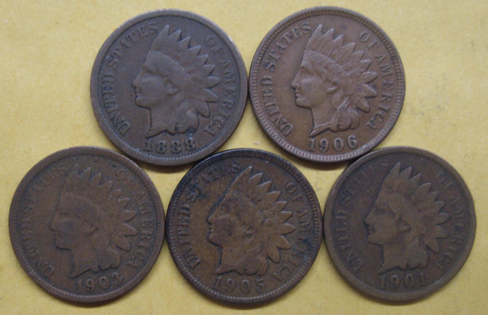 Five Indian Pennies with Five Different Dates--ALL in Good+ Take a Look