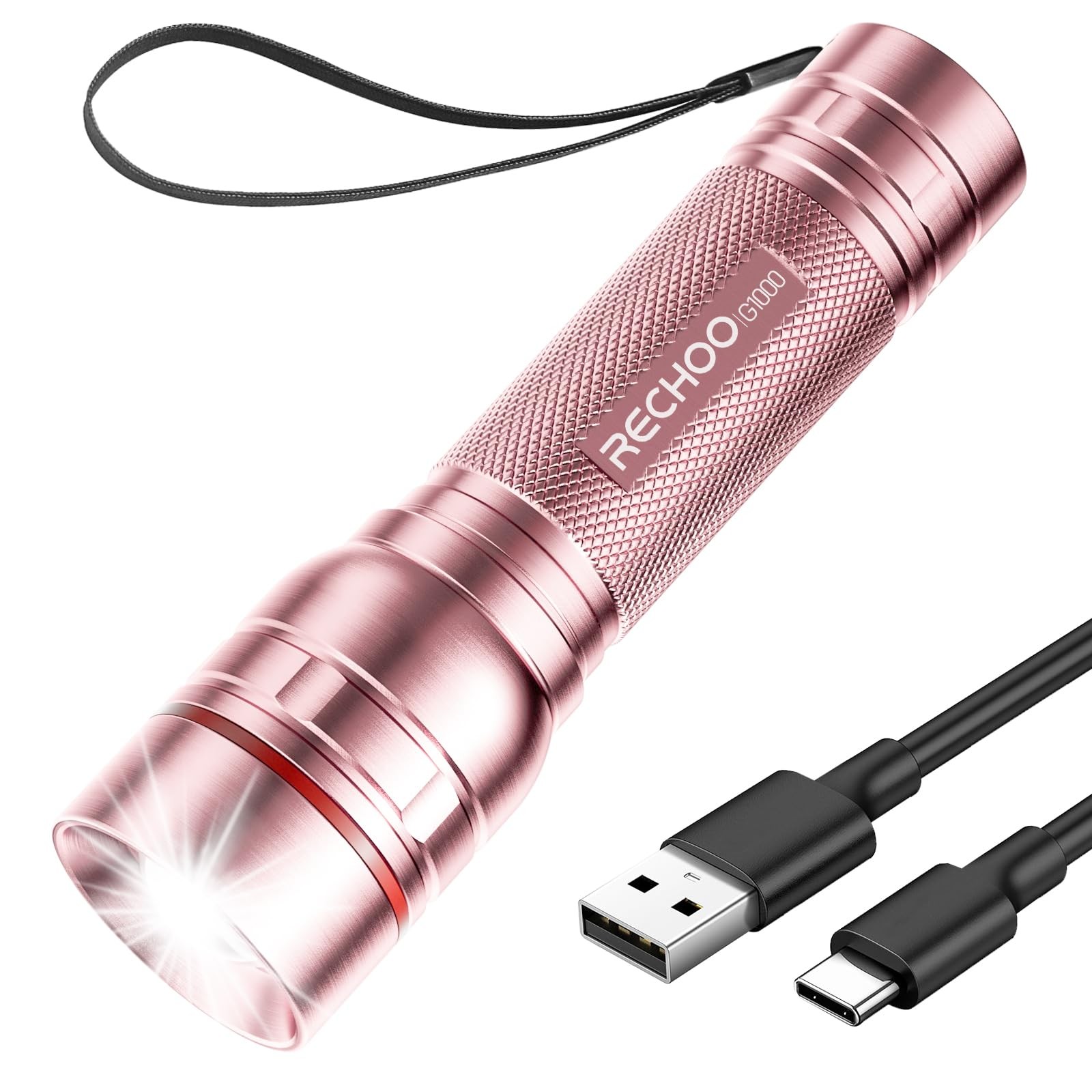 Flashlight Rechargeable High Lumens, G1000 Super Bright 1 Pack, Rose Pink