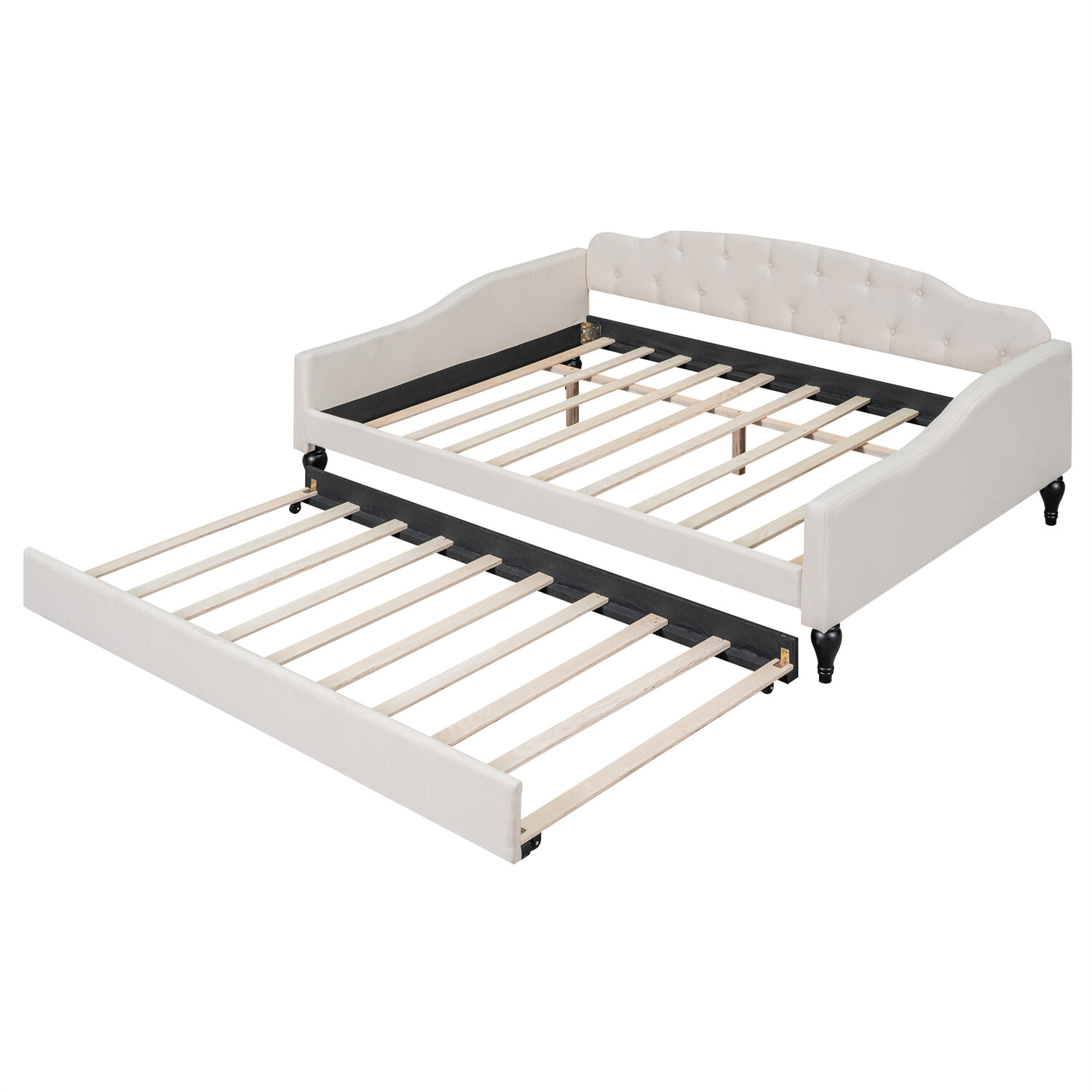 Full Size Daybed w/ Pull Out Trundle Bed Upholstered Bed Frame Sofa Bed Beige