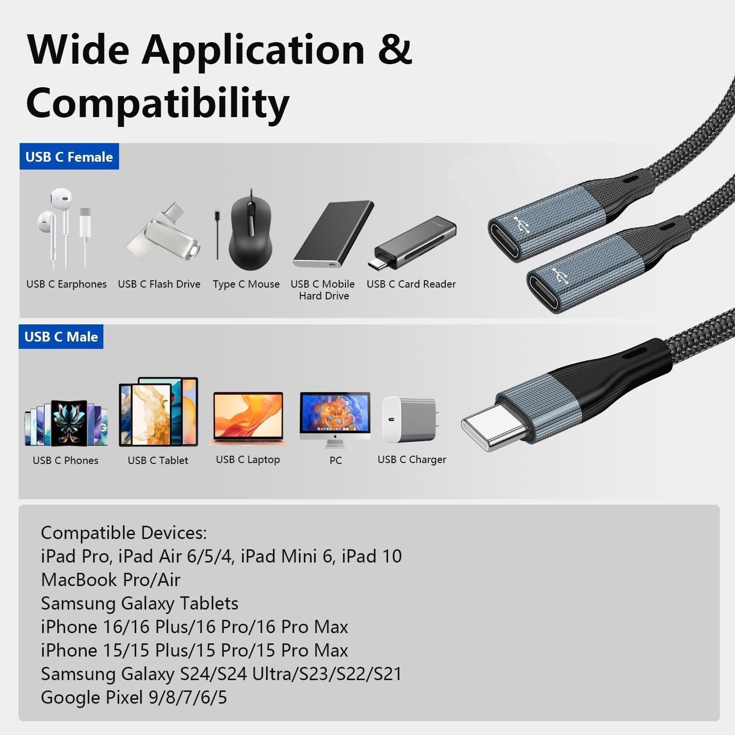 USB C to Dual USB Type C Female Splitter Cable Earphone Adapter Type C OTG Split
