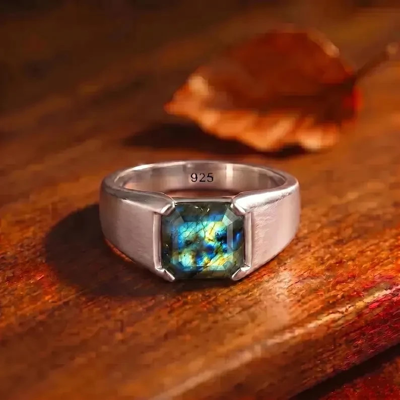 Blue Labradorite Ring Men 925 Sterling Silver Signet Statement Jewelry