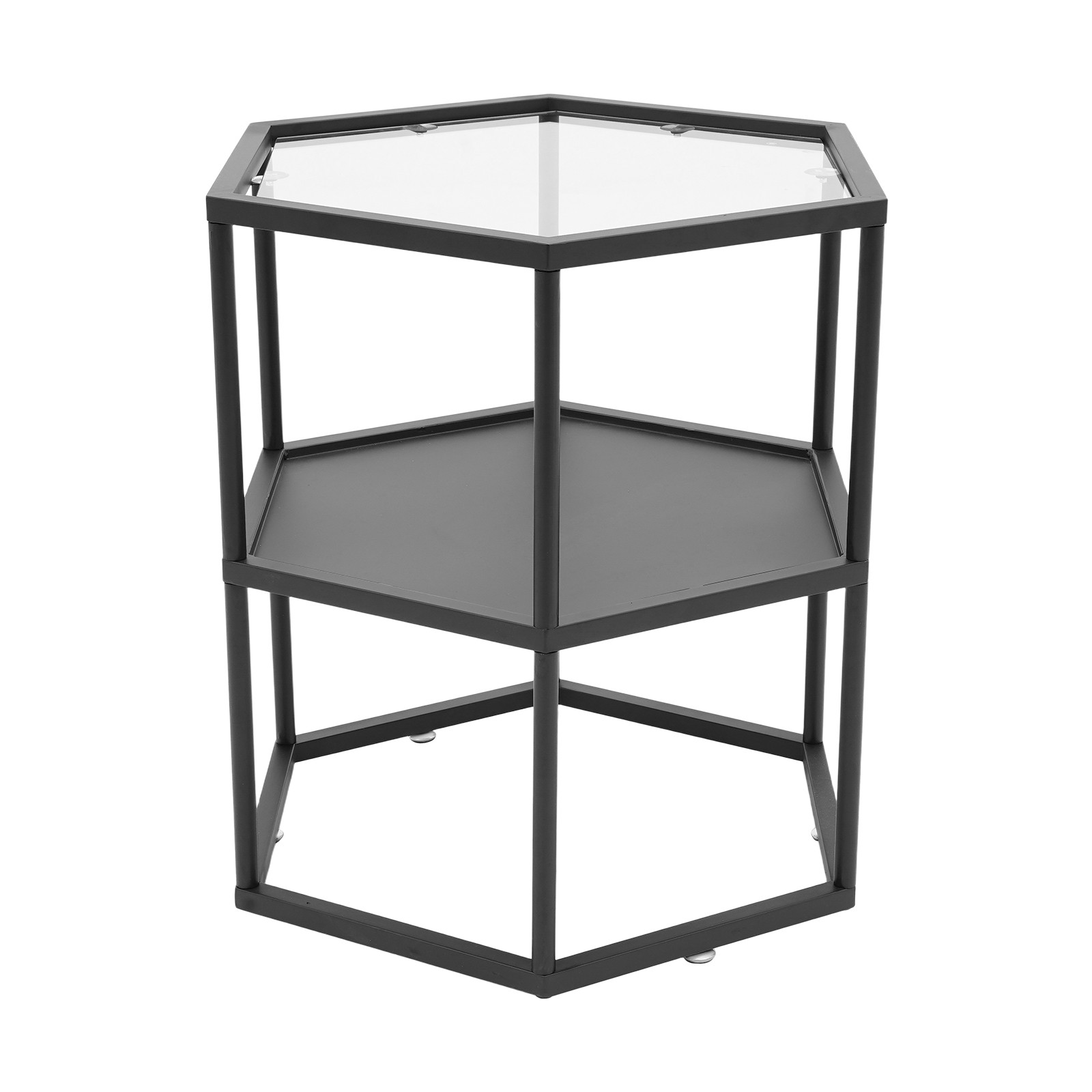 Modern Side Table, Hexagonal Side Table, Iron Side Table with 2-Tier Storage She