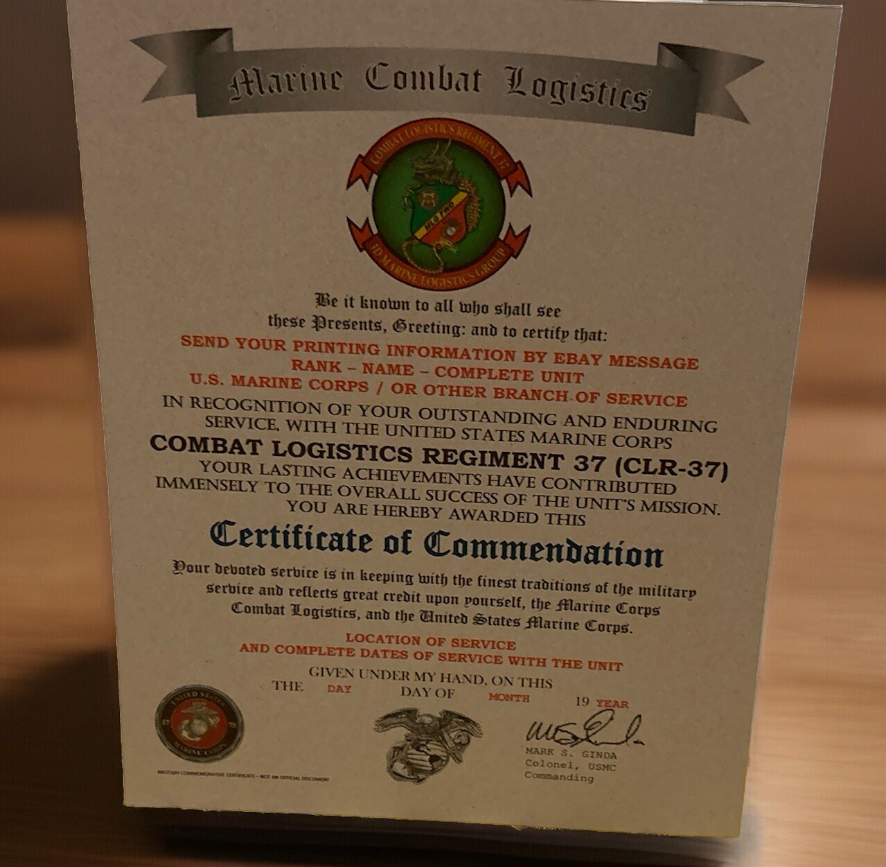 U.S.M.C. / COMBAT LOGISTICS REGIMENT 37 (CLR-37) CERTIFICATE OF COMMENDATION