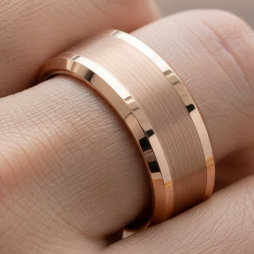 8mm Tungsten Wedding Band for Men in Rose Gold with Brushed Center & Sleek Edges