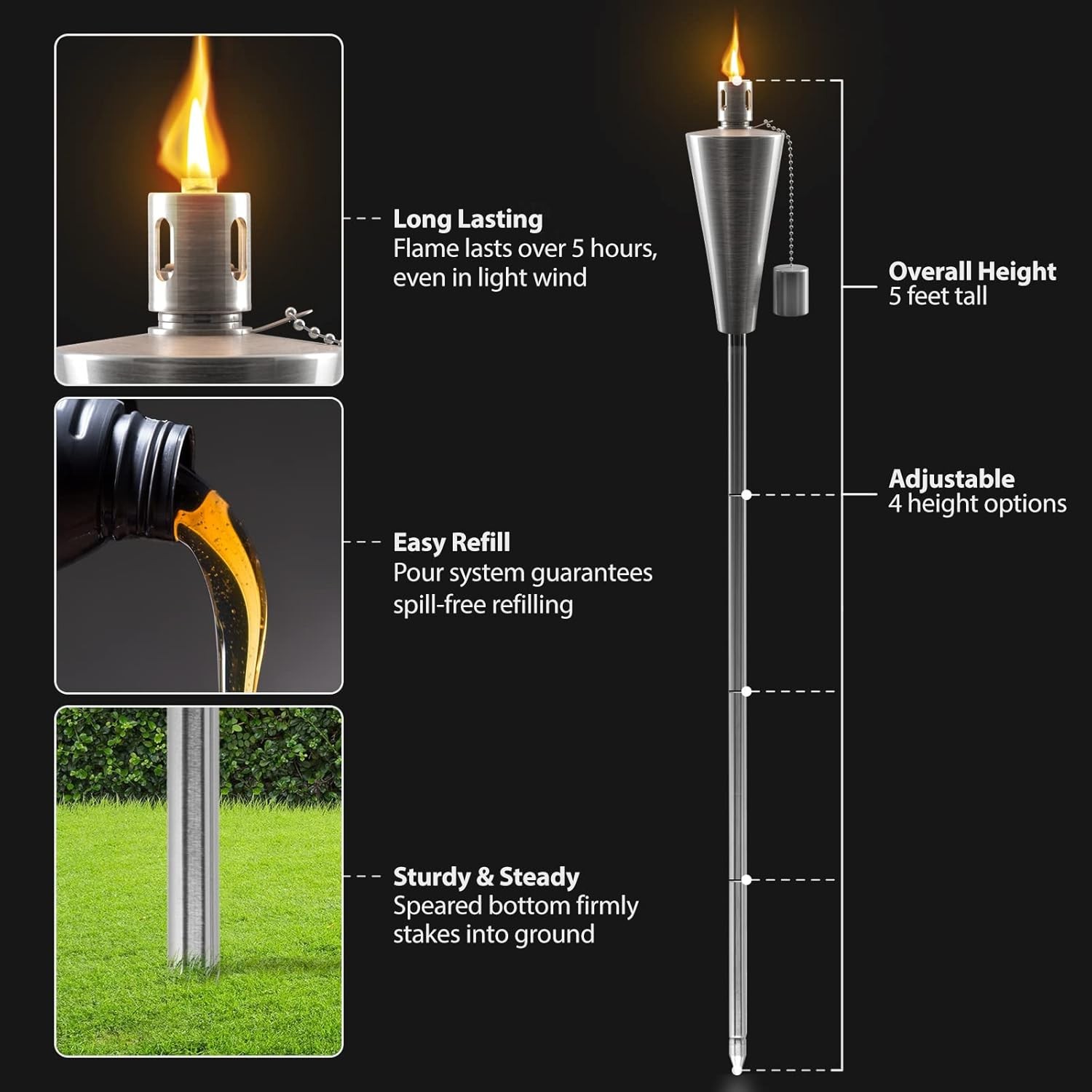 Stainless Steel Torches Outside Outdoor Torches Patio Garden & Yard Lights 5 ft