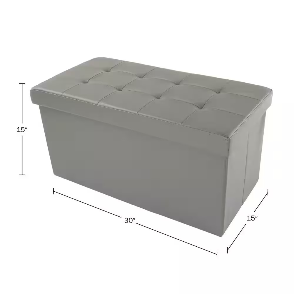 Ottoman Storage Bench Gray Folding Faux Leather Footrest Entryway Chest Stool PU