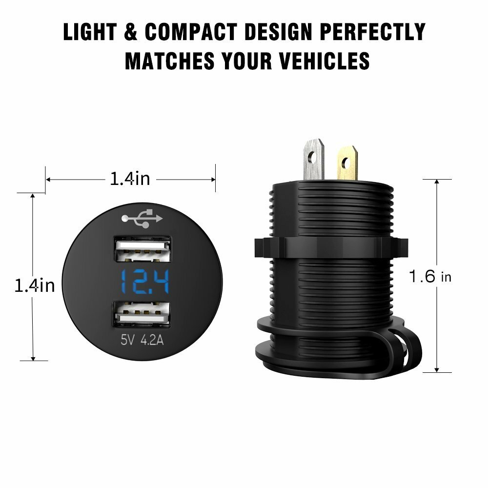 Aluminum 4.2A Dual USB Port Car Cigarette Lighter Socket Plug Blue LED Voltmeter