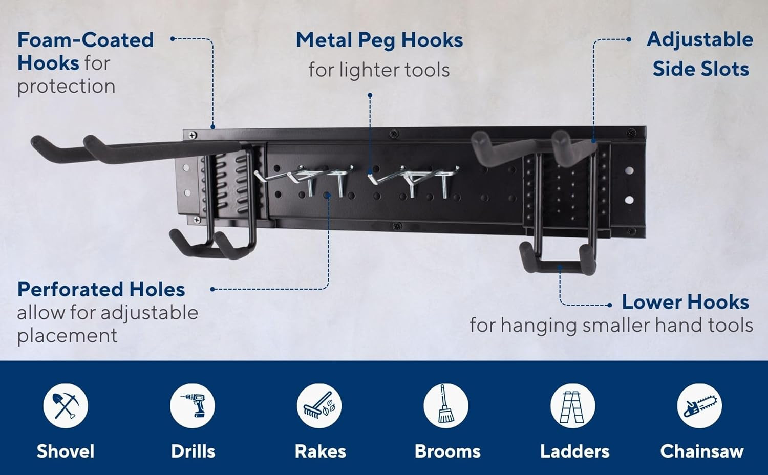 Sturdy Wall-Mount Garden Tool Organizer Rack with Multi-Hook Storage System