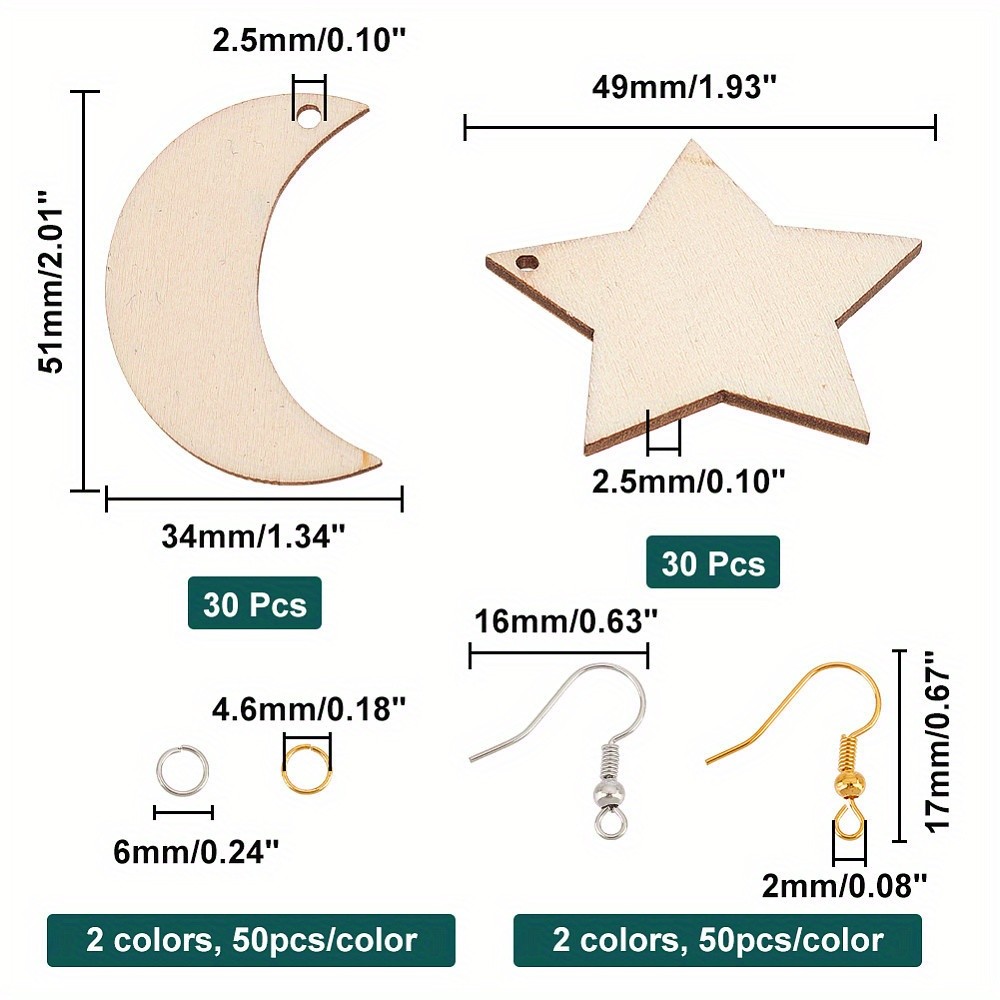 1box Moon & Star Dangle Earring Making Kit Including Brass Earring Hooks Wood