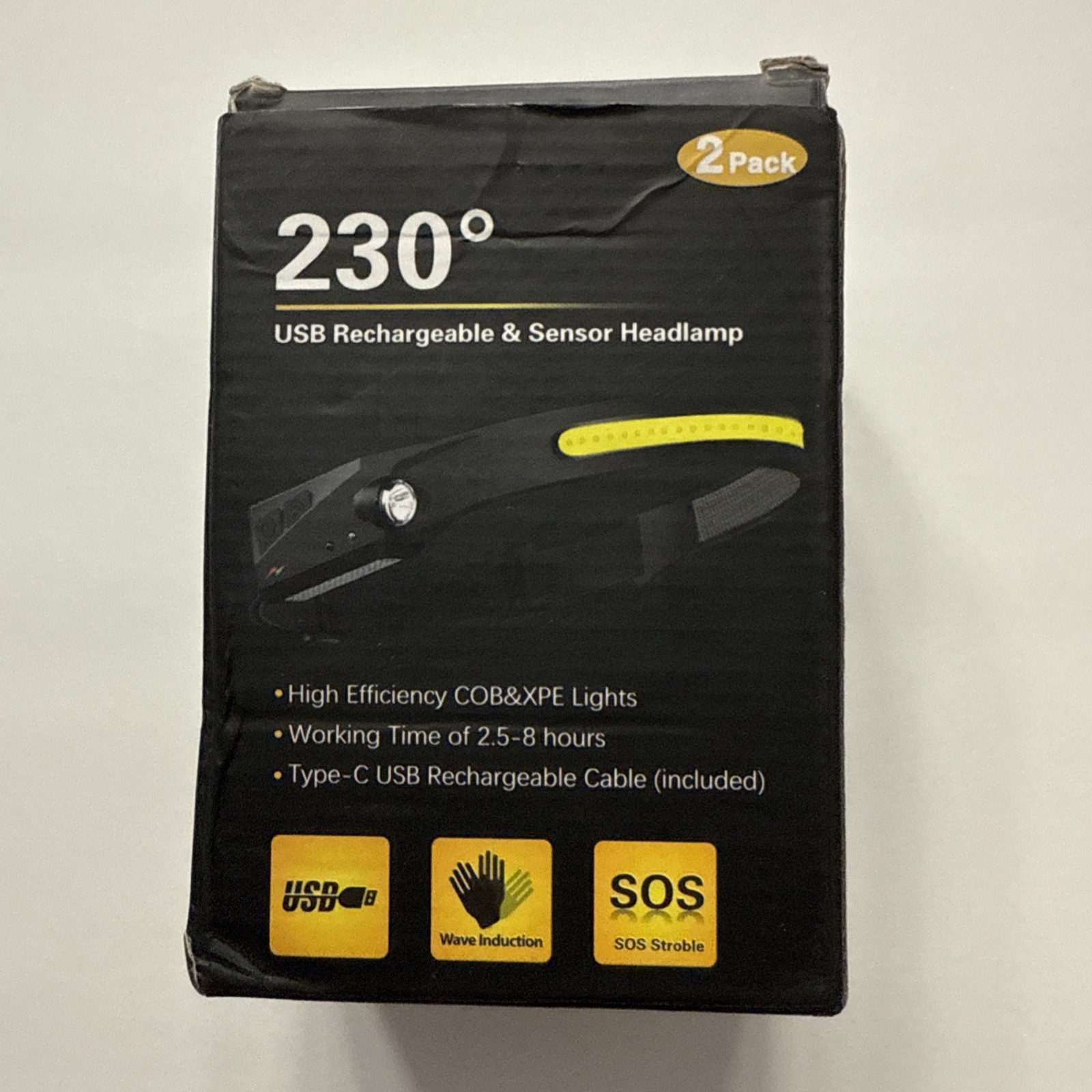 230 Degrees 2 Pack USB Rechargeable & Sensor HeadlampW/USB Charger Cord