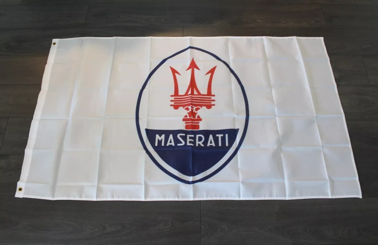 Maserati Autos Banner White Flag Racing Race Car Man Cave Garage Mechanic 3x5 ft
