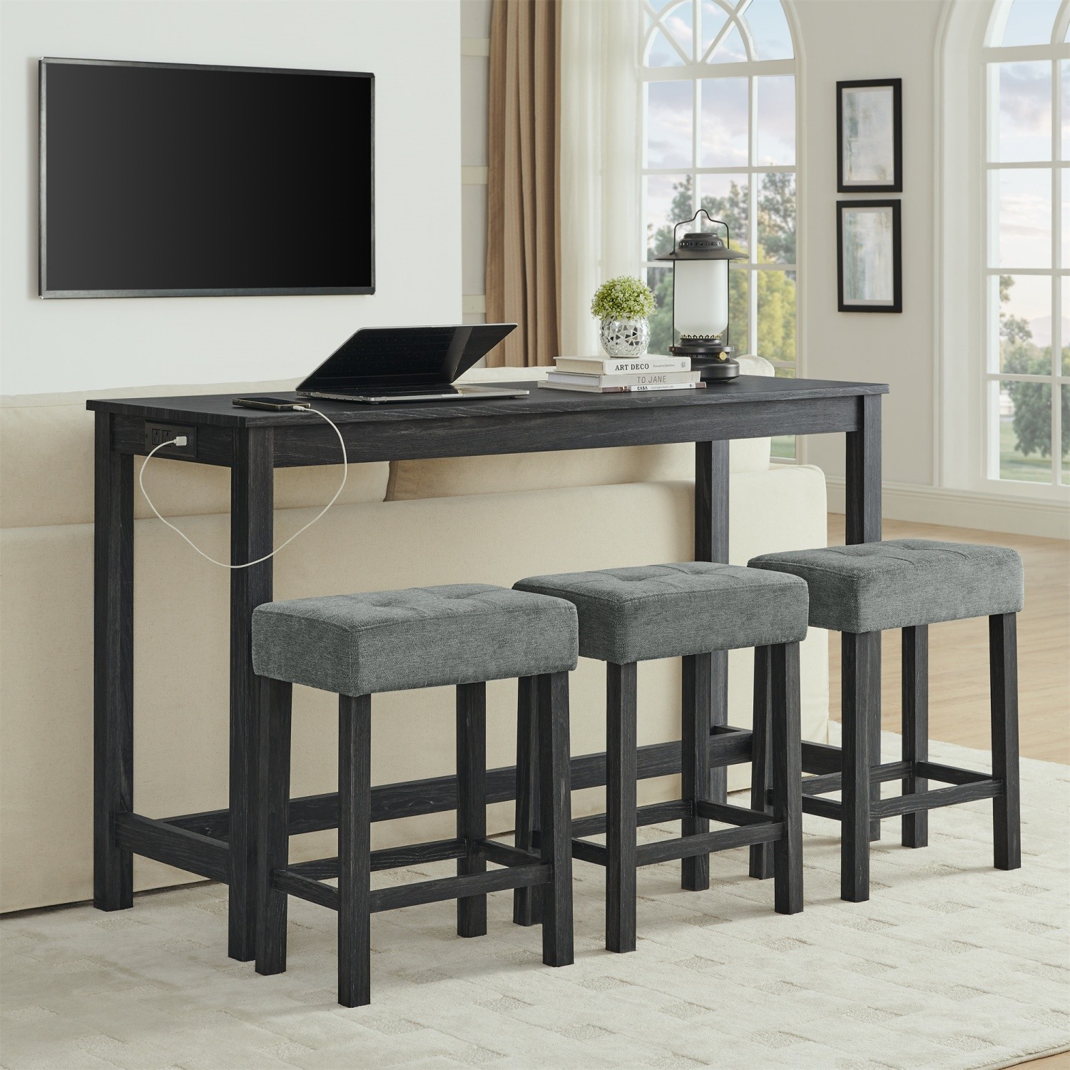 4 Piece Counter Height Table Set w/ 3 Bar Stools & USB Port for Small Spaces