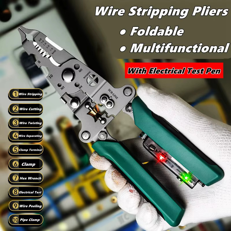 Foldable Wire Stripper Electrical Test Pen Cable Cutter Crimper Multi-Tool