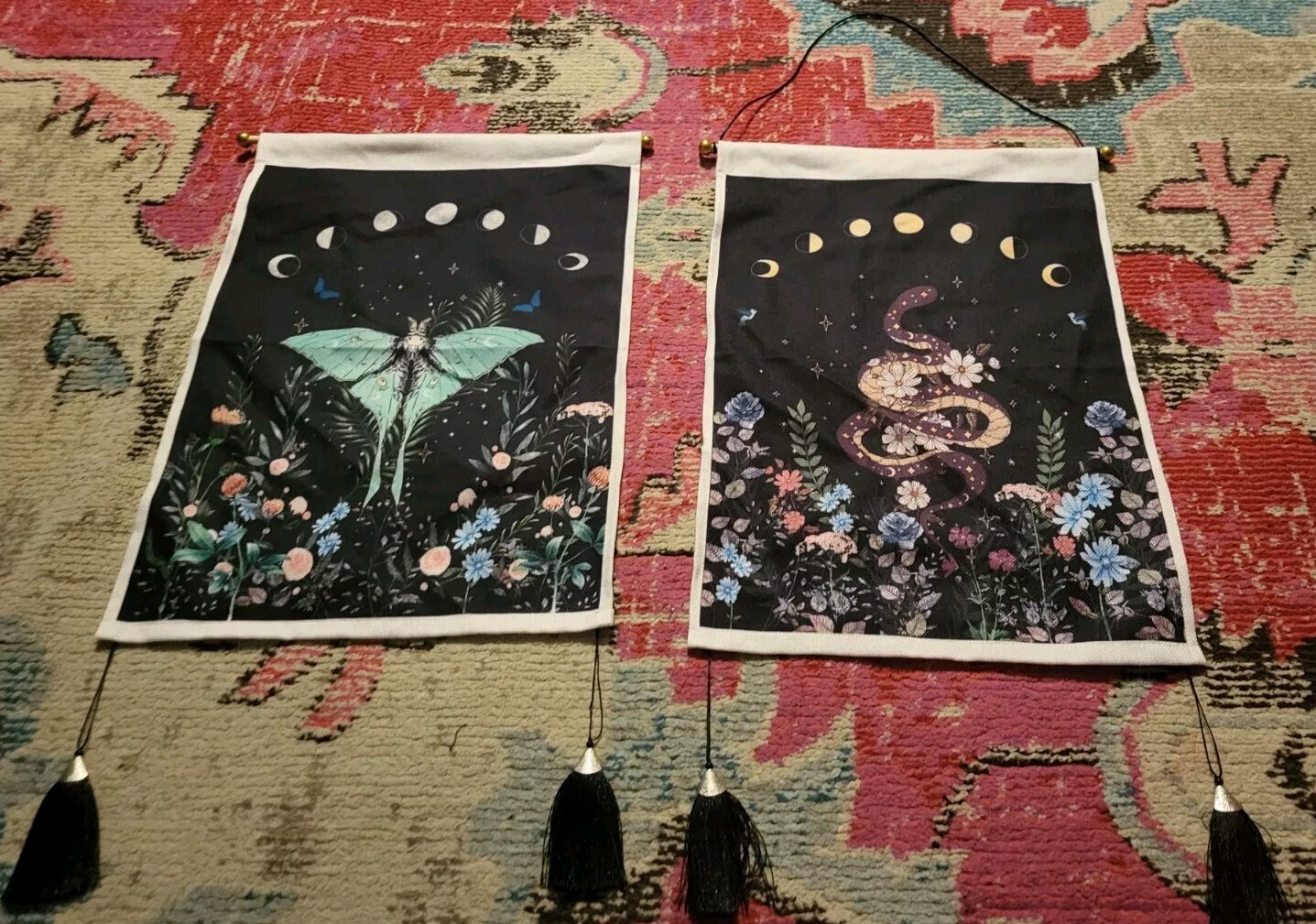 Moon Moth Snake wall hanging faux tapestry lunar wicca fairy cottage set pair
