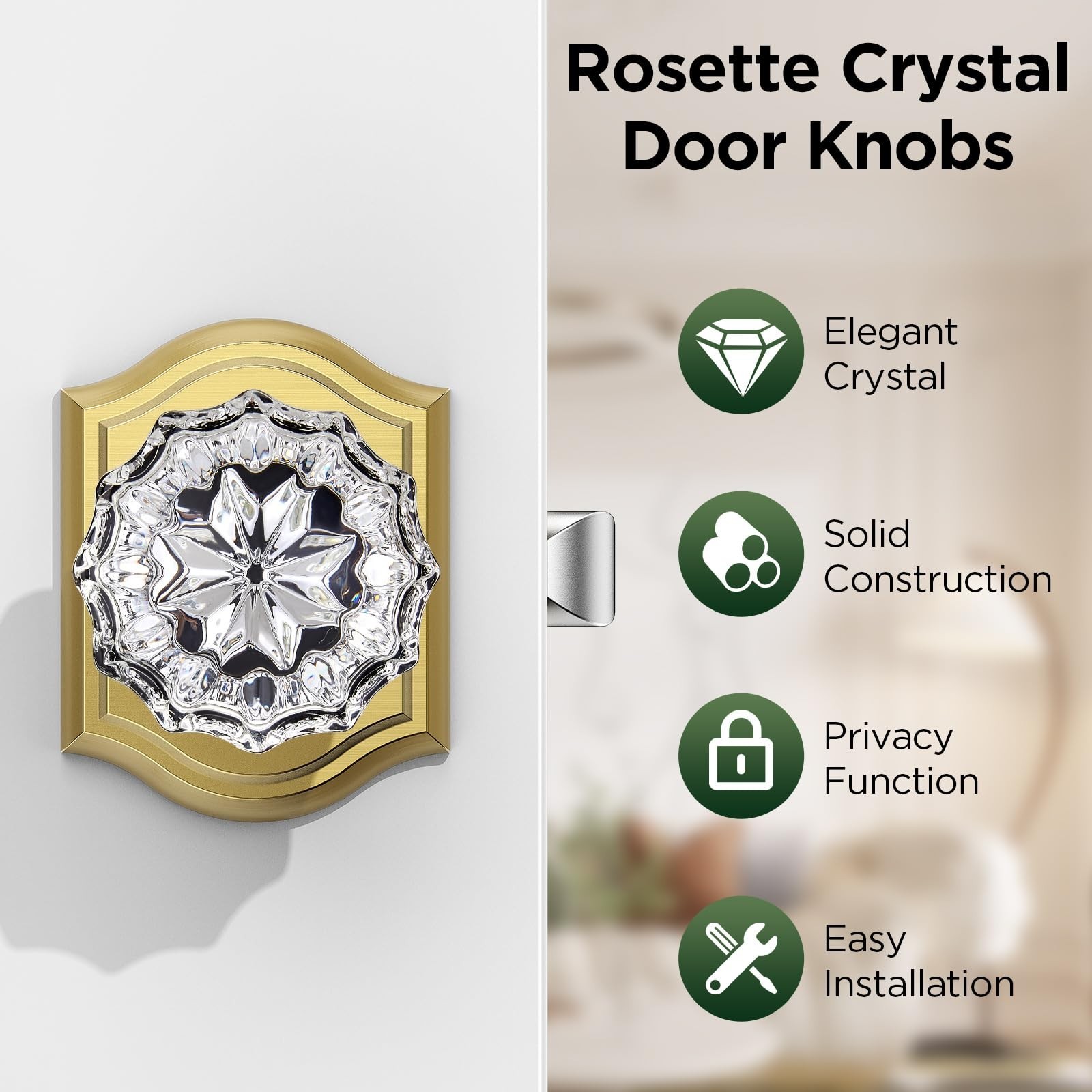 1 Pack Glass Door Knob, Rosette Shaped Crystal Door Knobs with Lock, Satin Br...