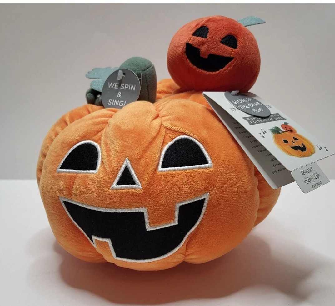 Halloween Pumpkin Hallmark Plush Tricks or Treats Glow in Dark Spins Sound NWT