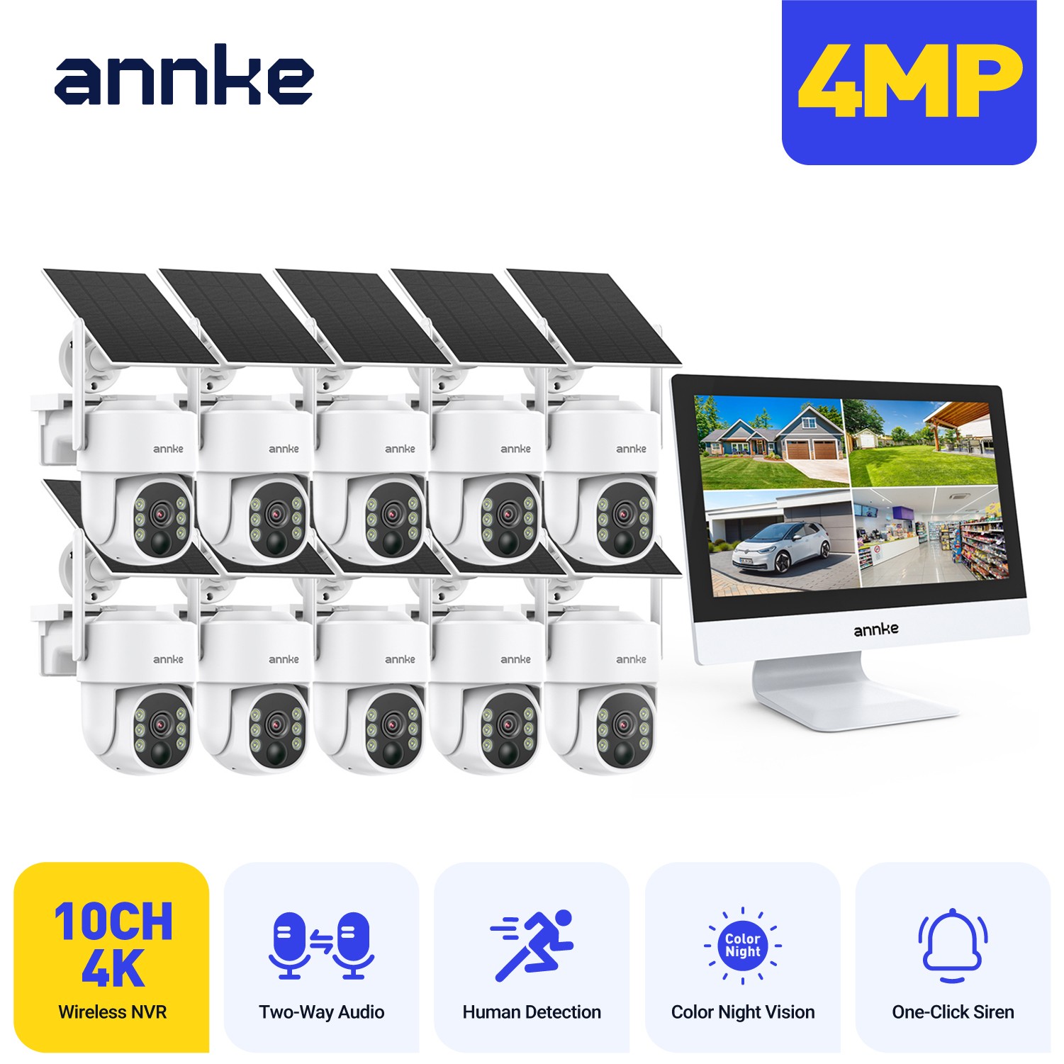 ANNKE Wireless 10CH 12" Monitor 4MP PT Solar Security Camera System Two-Way Talk