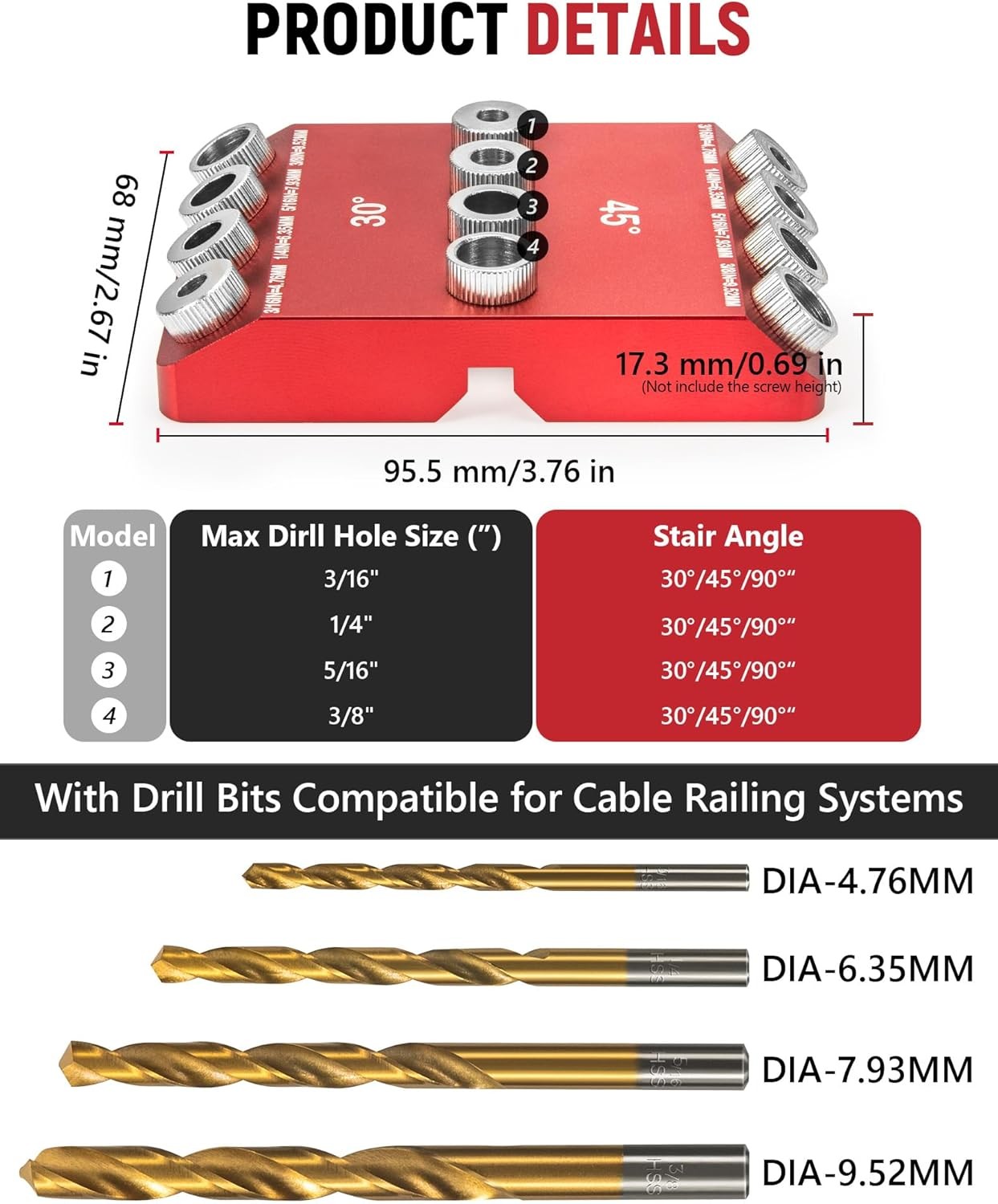 30° 45° 90° Angle Drill Guide Jig with 4 Bits Portable Pocket Hole Tool