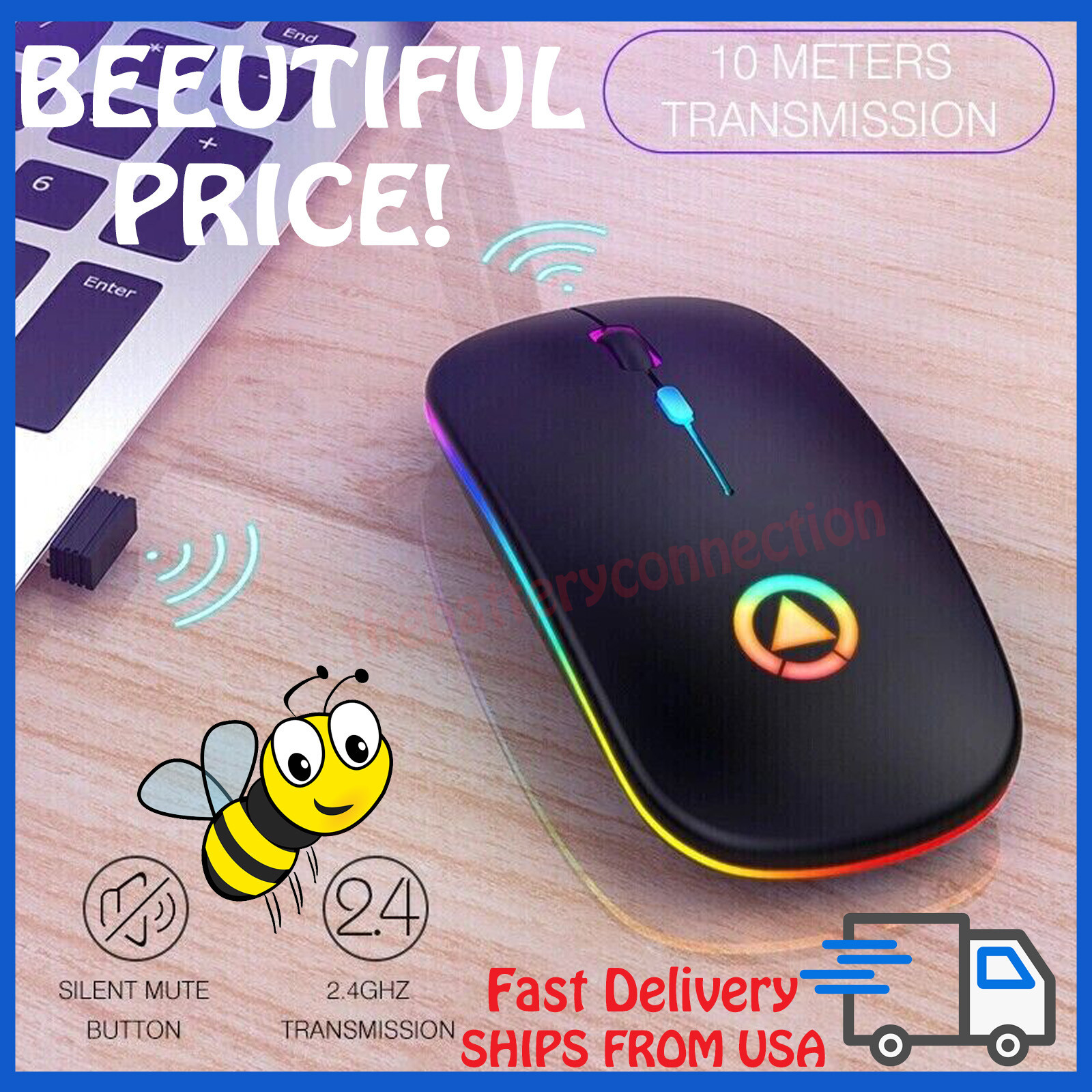 2.4GHz Wireless Optical Mouse USB Rechargeable RGB Cordless Mice For PC Laptop