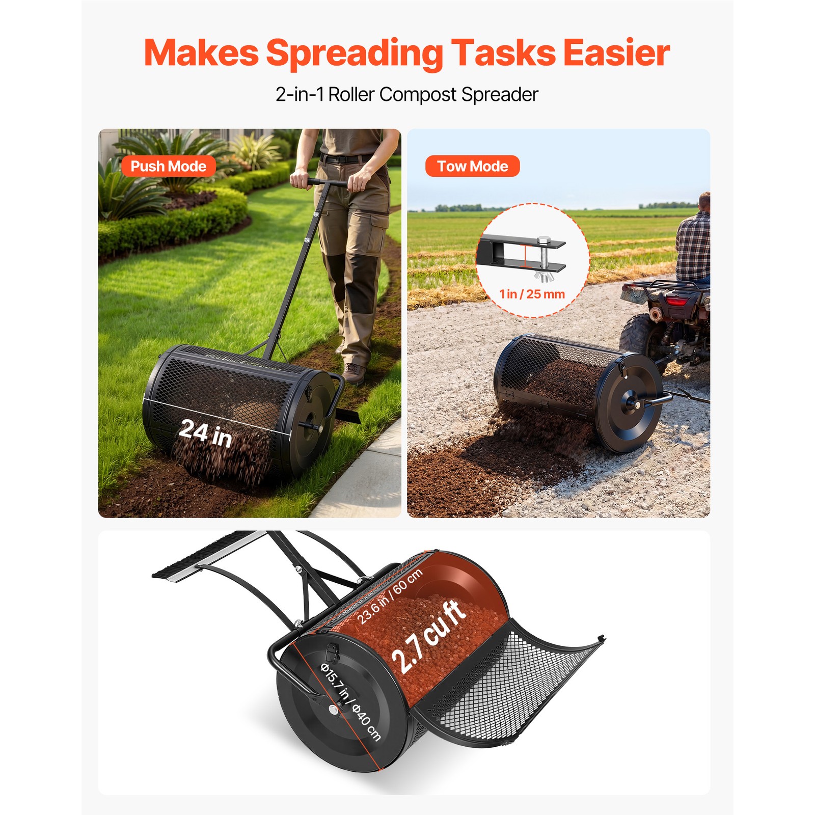 Uimoso Compost Spreader Roller 24" with Push/Tow Handle and Integrated Brush