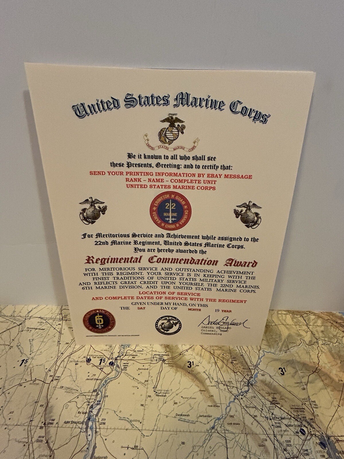 U.S.M.C. / 22ND MARINE REGIMENT - REGIMENTAL COMMENDATION AWARD CERTIFICATE