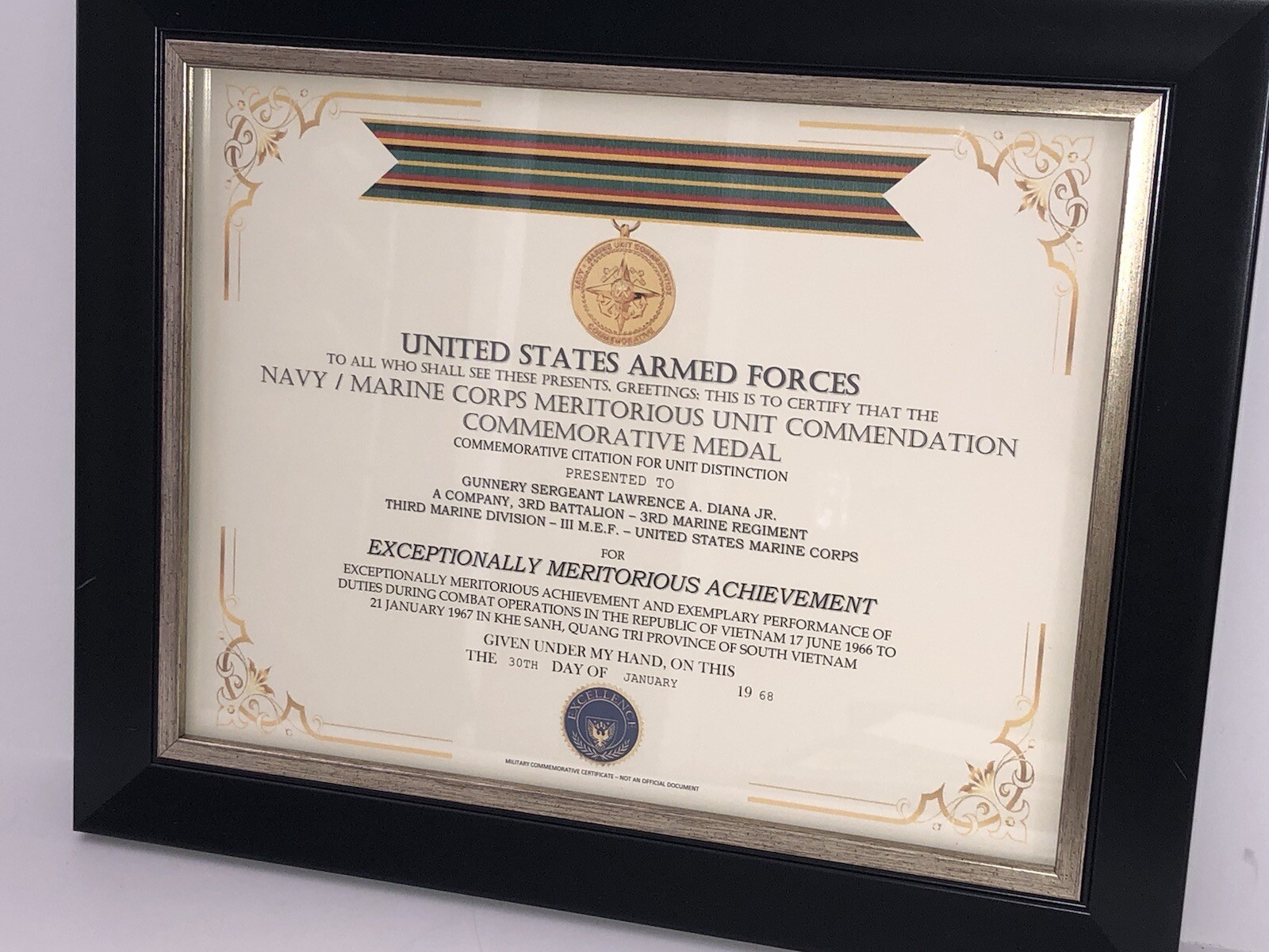 NAVY / U.S.M.C. MERITORIOUS UNIT COMMEMORATIVE MEDAL CERTIFICATE ~ Type 1
