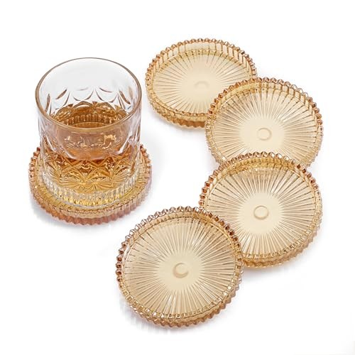 Modern Clear Coasters Set of 5- Glass Cute Coasters for Drinks Crystal Amber
