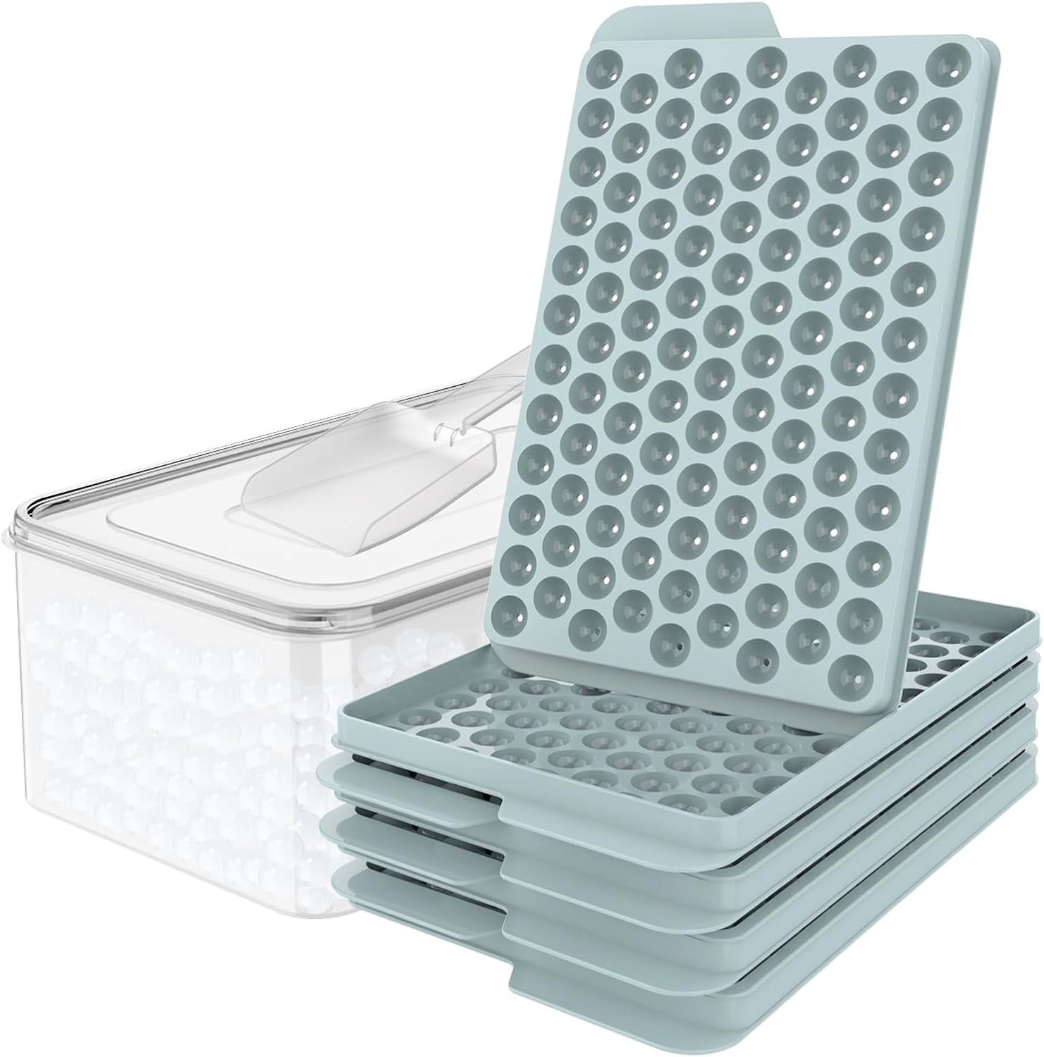 Mini Ice Cube Trays, Round Pebble Nugget Ice Trays with Lid, 4 Pack/0.55In, Blue