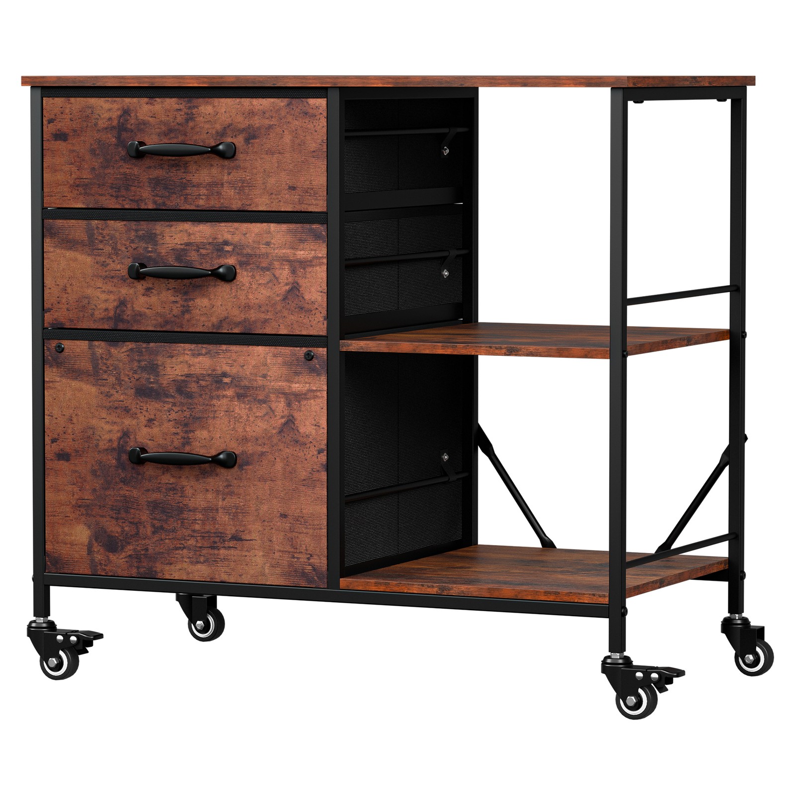 3 Drawer Mobile File Cabinet Rolling Printer Stand w/ Storage Shelf Rustic Brown