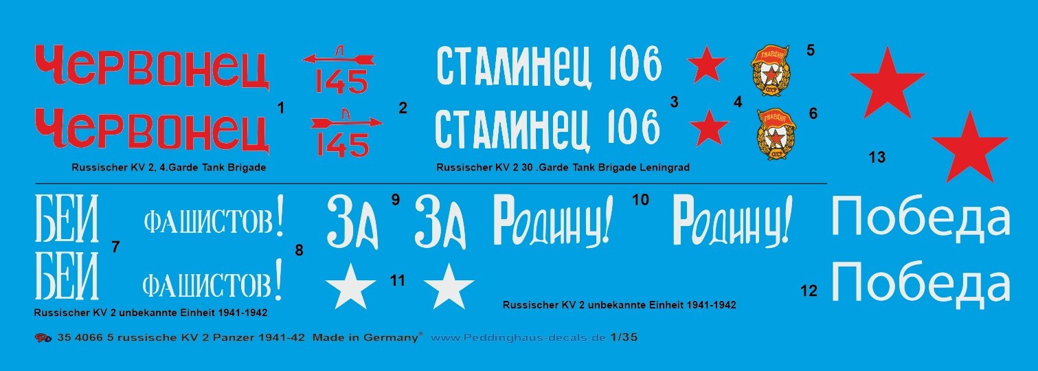 Peddinghaus-Decals 1/35 4066 5 Russian KV 2 Tank 1941-1942