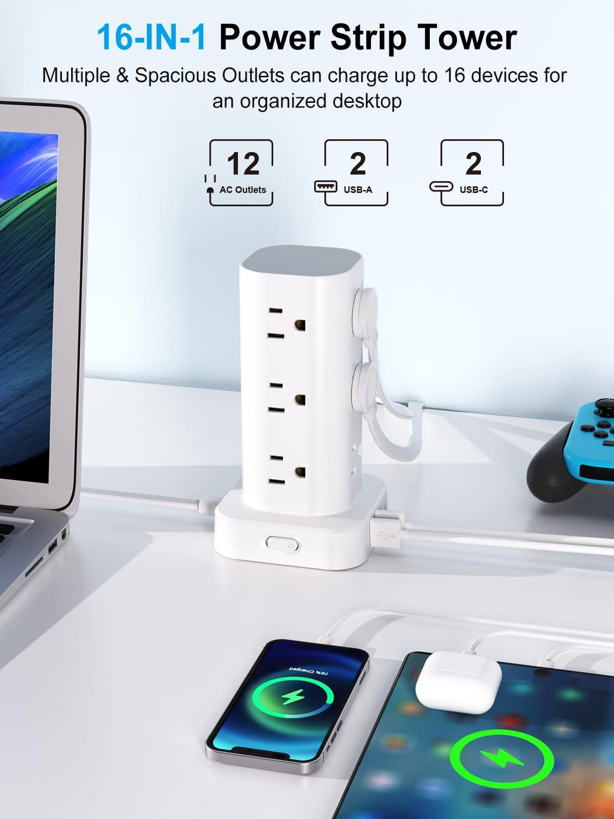 Power Strip Tower with Multiple Outlets, Flat Plug Surge Protector Tower Exte...