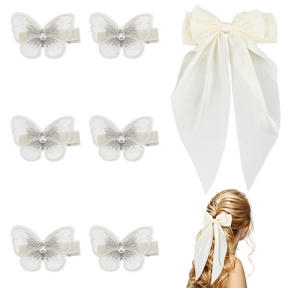 1set Big Bowknot Polyester Hair Barrettes & 6pcs Butterfly Iron Alligator Hair