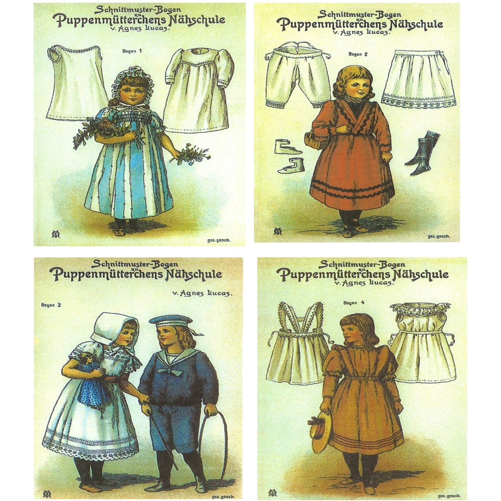 9" & 11" Doll Clothes Patterns, Antique Agnes Lucas German Doll Clothes Pattern