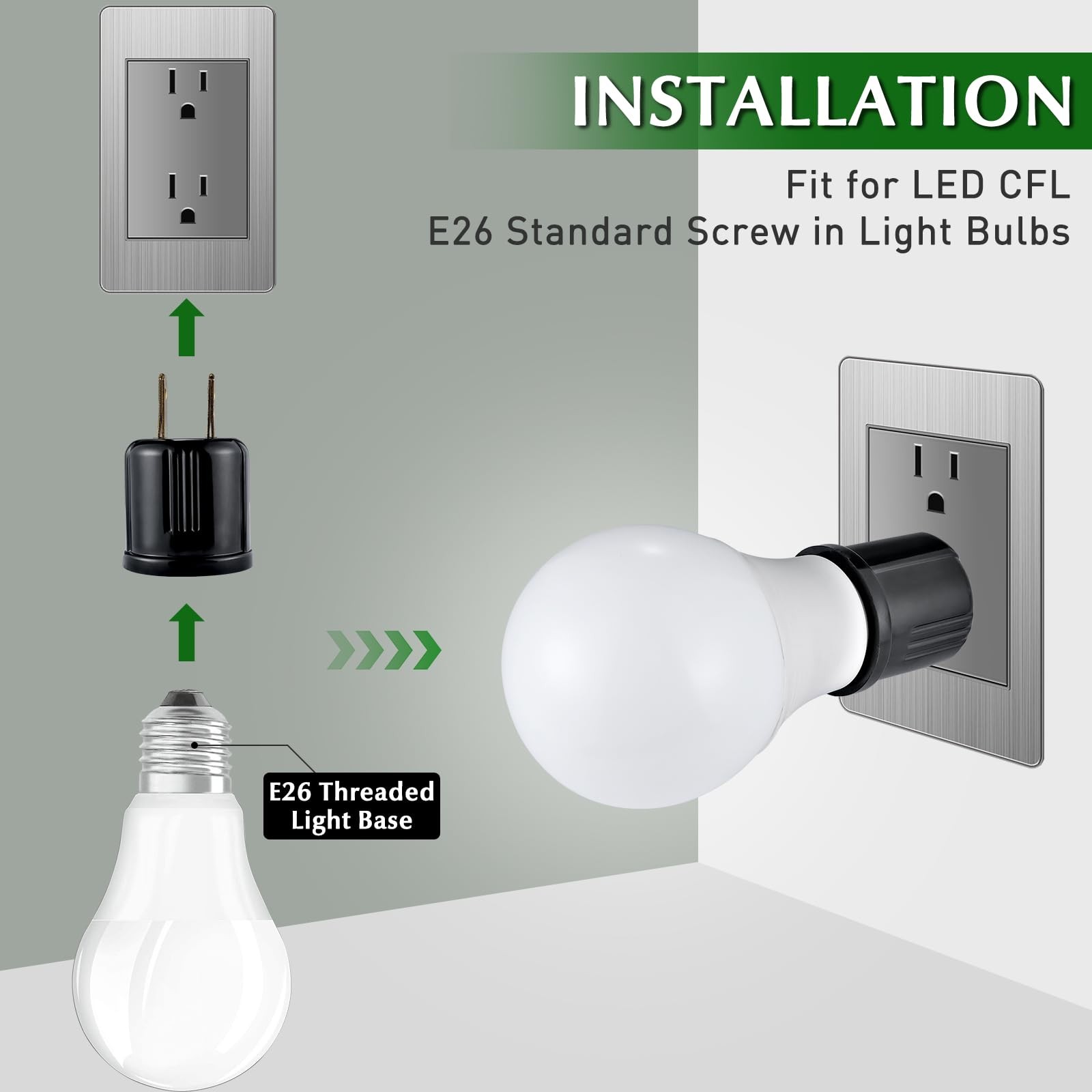 Outlet to Socket Adapter,Plug-in Light Socket,Convert 4-Pack, Black Color