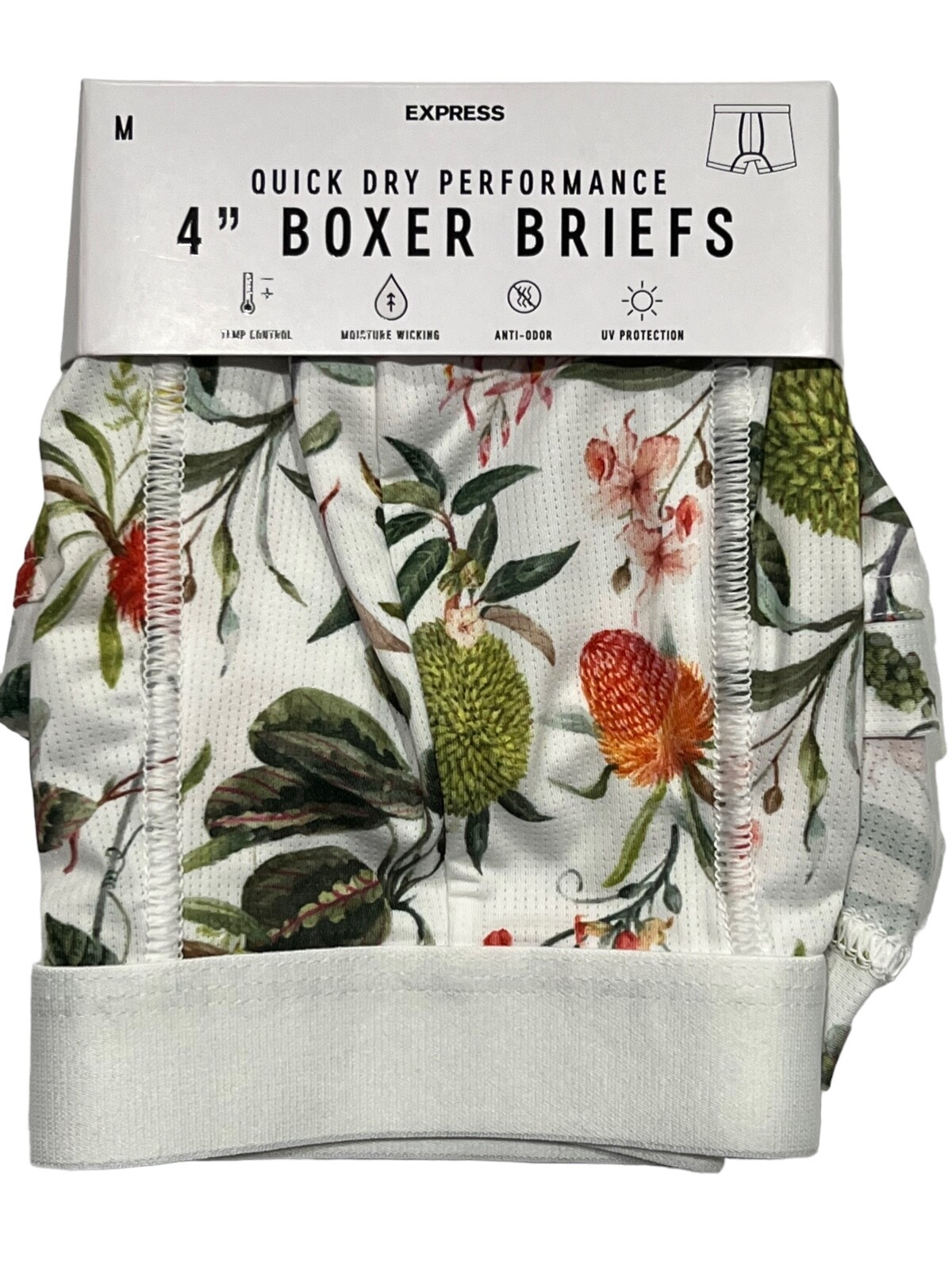 NWT EXPRESS 4" Quick Dry Performance Boxer Briefs Sz M-L White Green #E1