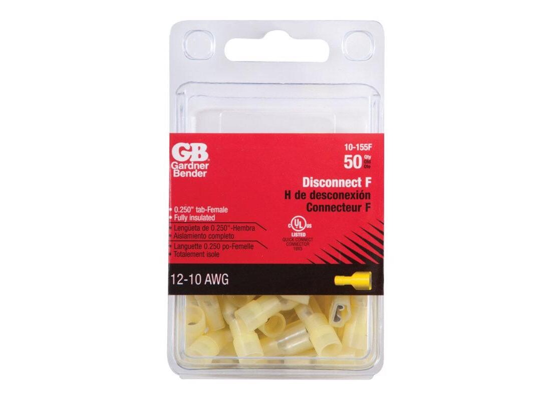 Disconnect Terminal, 600 V, 12 to 10 AWG Wire, 1/4 in Stud, Vinyl Insulation, Ye