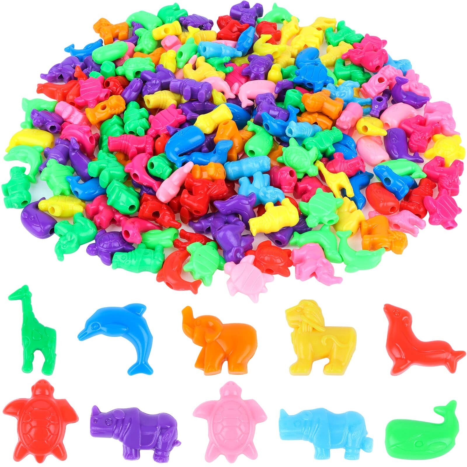 200 Pcs Mixed Animal Shaped Beads Colorful Marine and Jungle Animal Spacer Be...