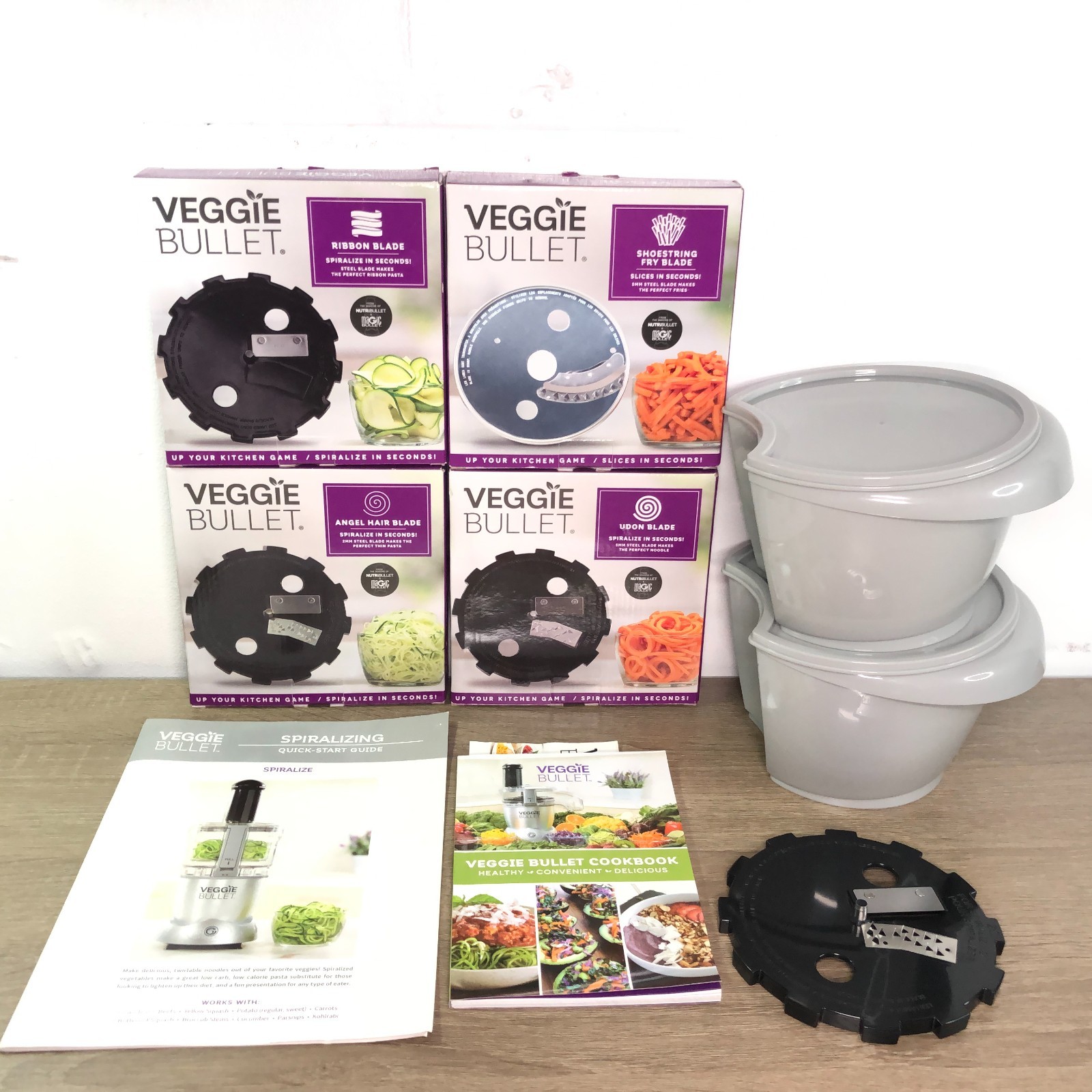 Veggie Bullet Blades Ribbon Shoestring Angel Hair Udon 2C Bowls Cookbook Lot 9