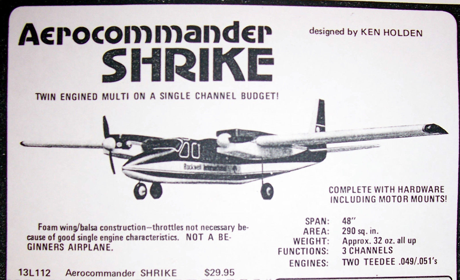 Two AERO COMMANDER PLANS + CONSTRUCTION ARTICLE for 49" UC Scale Model Airplane