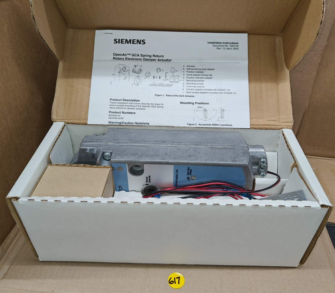 Siemens GCA121.1U Open Air Actuator. Spring return.  NIB.  stock#617