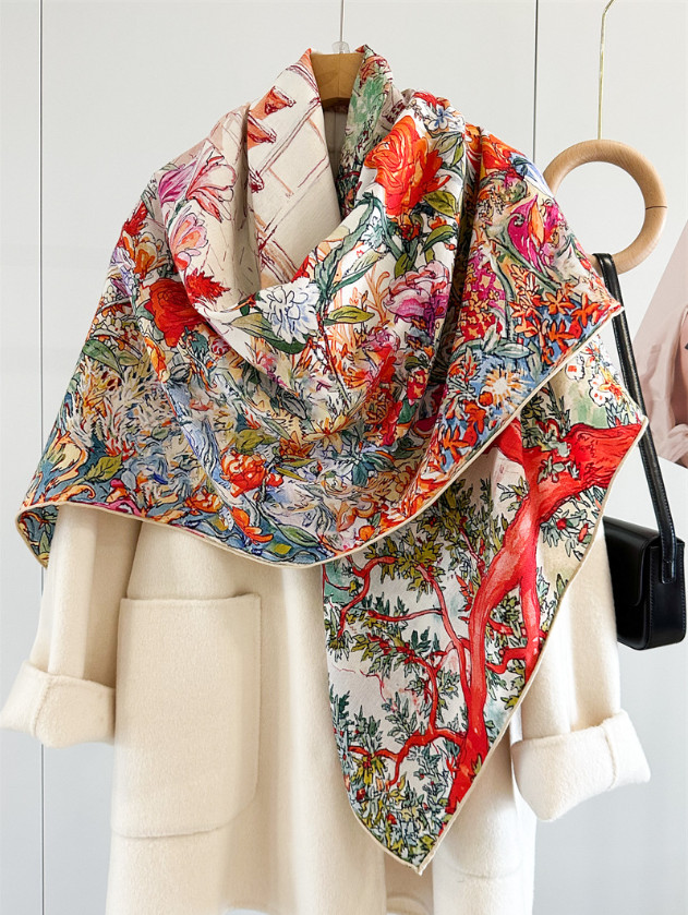 70% Cashmere 30% Silk Wrap Scarf garden Print Double Face Print Shawl 135X135cm
